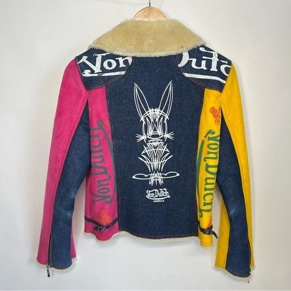 RARE Vintage Von Dutch Y2K Pink & Yellow Suede Blue Denim Faux Fur Bomber Jacket - Picture 2 of 16